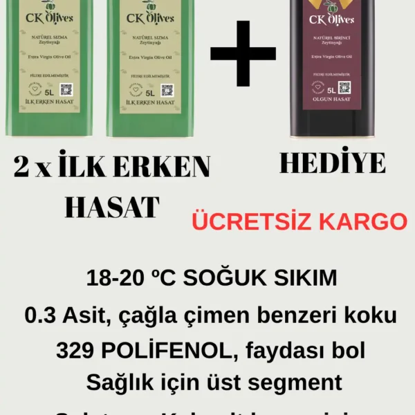 2 x 5L Erken Hasat Serisi - Naturel Sızma Zeytinyağı (2 ERKEN AL + 1 OLGUN HEDİYE KAMPANYASI)